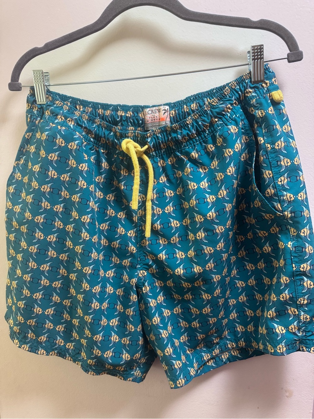 J. Crew Teal Swim Shorts with Yellow Fish Print and Drawstring